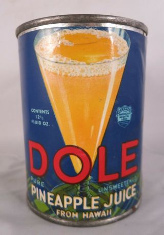 1930’s Vintage Hawaii Dole Pineapple Juice Can Honolulu Hawaiian 12 Oz Tin Tiki