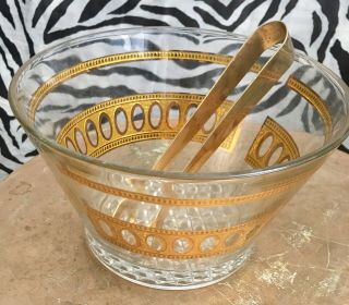 Mid Century Culver Antigua 22k Gold Ice Bucket And Gold Toned Ice Tongs