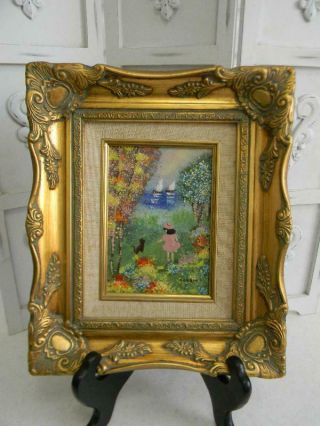 Orig Louis Cardin Enamel On Copper Framed Painting Girl With Dog & Sailboats