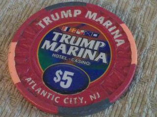 Trump Marina Hotel Casino $5 Hotel Casino Gaming Chip Atlantic City,  Nj