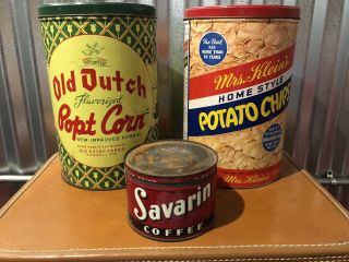 Vintage Antique Tin Red Potato Chip Savarin Coffee Green Yellow Popcorn Cans