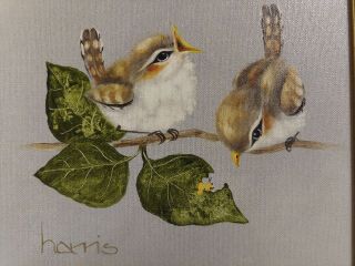 Vtg framed Birds Sparrow THREE ' S A CROWD Oil Painting Peggy Harris 8×10 2