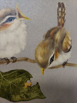 Vtg framed Birds Sparrow THREE ' S A CROWD Oil Painting Peggy Harris 8×10 3