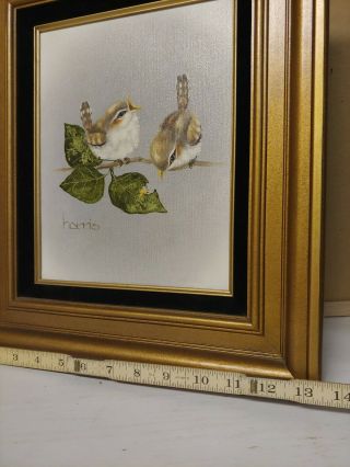 Vtg framed Birds Sparrow THREE ' S A CROWD Oil Painting Peggy Harris 8×10 8