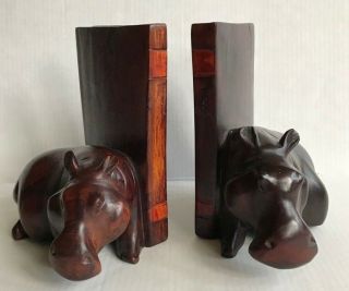 Vintage & Unique Ebony Wood Hand - Carved Hippo Figurine Bookends Kenya Africa