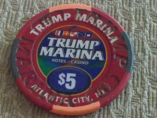 Trump Marina Casino $5 Hotel Casino Poker Chip Atlantic City,  Nj