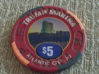 TRUMP MARINA CASINO $5 Hotel Casino Poker Chip Atlantic City,  NJ 2