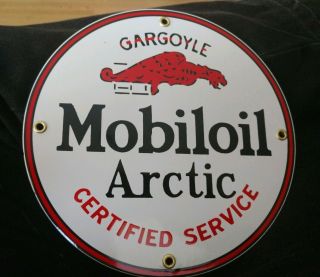 Mobiloil Arctic Gas Oil Porcelain Advertising Sign.  10 Signs Ship For