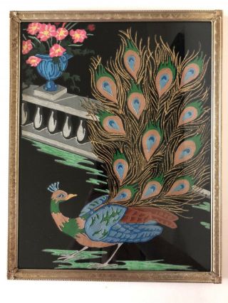 Vintage Framed Peacock Hand Painted On Black Velvet