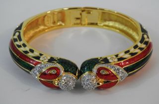 Nolan Miller Hinged Cuff Bracelet Double Dove Enamel & Crystals Gold Tone N/mint