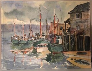 Vintage Wharf Dock Fishing Boats Watercolor Painting13”x10” Signed 1966