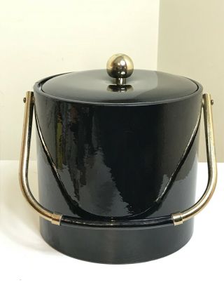 Georges Briard Mid Century Modern Ice Bucket Black Vinyl W/ Gold Accent Vintage