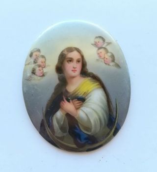 Antique 19th C.  French Hand Painted Oval Porcelain Miniature Portrait Angels