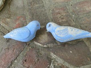 2 Precious Vintage Garden Love Birds Time Worn Blue Paint Cement Metal Stakes