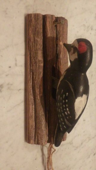 Vtg Rustic Woodpecker Door Knocker Sculpture Hand Carved Painted Glass Eyes