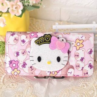 Women Girls Kawaii Hello Kitty Bear Wallet With Mirror Long Purse Bag Clutch