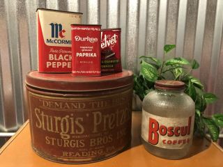Vintage Antique Tins Sturgis Pretzel Spice Red Boscul Jar Coffee Pipe Cigarette