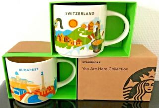 2 Starbucks Mugs Cup Budapest Hungary & Switzerland 14oz 414 Ml You Are Here