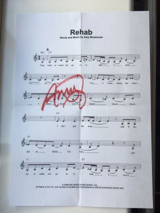 Amy Winehouse Hand Signed Autograph Signed Rehab Music Sheet