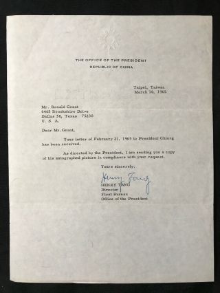 Henry Tang,  Republic Of China 1965 Tls Office Of President Chiang Signed Letter