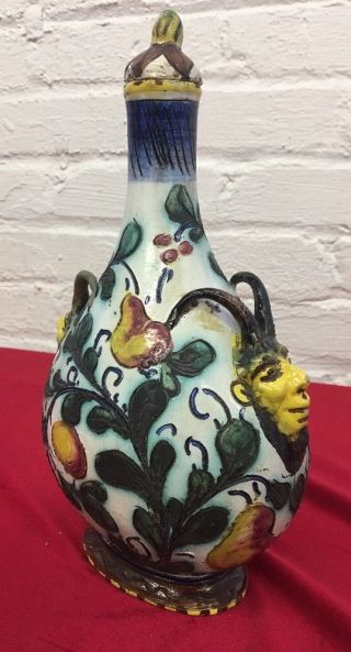 Vintage Ceramic Bottle Decanter Hand Painted Devil Demon Lid Stopper Signed