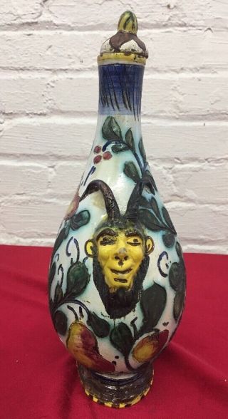 Vintage Ceramic Bottle Decanter Hand Painted Devil Demon Lid Stopper Signed 2
