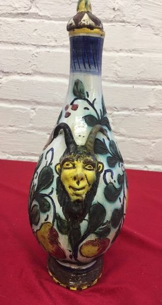 Vintage Ceramic Bottle Decanter Hand Painted Devil Demon Lid Stopper Signed 4
