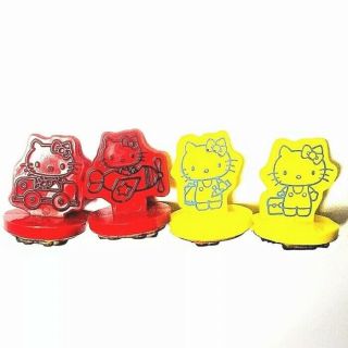 Vtg 1970s Hello Kitty 4 Rubber Stamps Set Sanrio Yellow Red Cat Characters Japan
