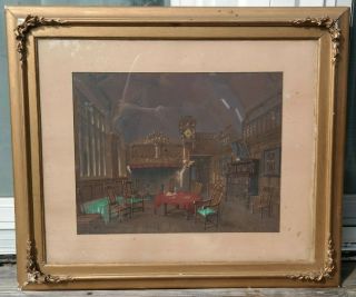 Ca.  1900 Antique 17thc Medieval Interior Scene Old Watercolor Painting Frame