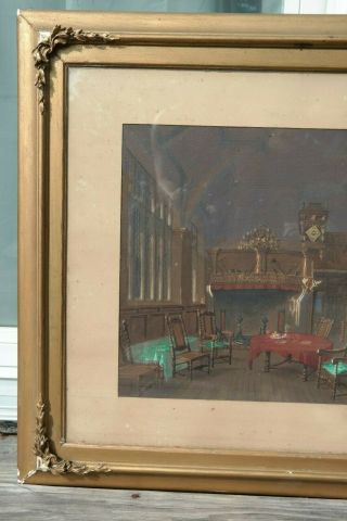 Ca.  1900 Antique 17thC Medieval INTERIOR SCENE Old WATERCOLOR PAINTING Frame 3