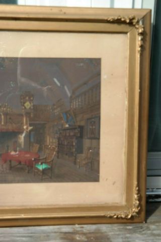 Ca.  1900 Antique 17thC Medieval INTERIOR SCENE Old WATERCOLOR PAINTING Frame 4