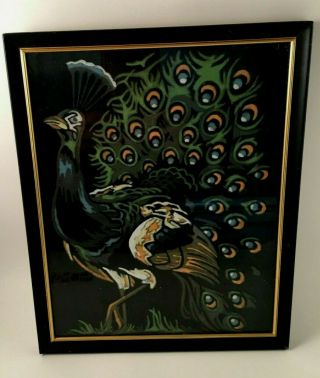 Vintage Framed Peacock Hand Painted On Black Background 8 X 10