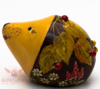 Wooden Hedgehog W Ladybugs Figurine Handmade And Hand Painted In Russia