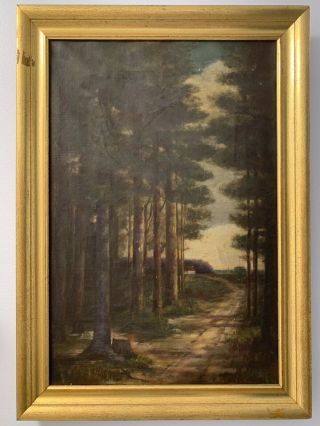Antique Oil Painting On Canvas Wooded Landscape With House Gold Wood Frame