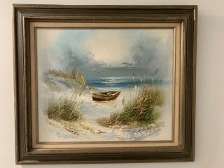 Vintage Framed Oil On Canvas Painting Of Beach Landscape Scene Signed H.  Gailey