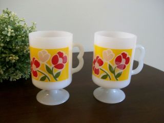 2 Vintage Floral Milk Glass Coffee Tea Cups Mugs B Handle Usa