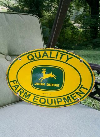 John Deere Oval Porcelain Sign Vintage Tractor Farm Equipment Dealer Implements