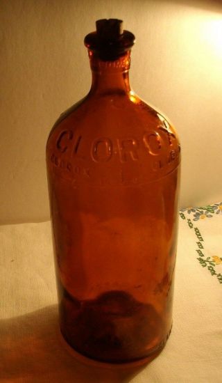 Vintage Antique Clorox Bottle Small Pint Size Embossed Lettering Cork Stopper A1