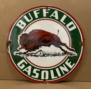 Porcelain Buffalo Gasoline Sign Vintage Gas Pump Plate Motor Oil Garage Decor