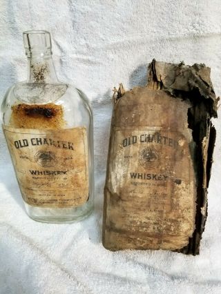 Pre - 1919 Bottle Of Old Charter Whiskey With Paper Wrapper (large 1 1/4 Quart)