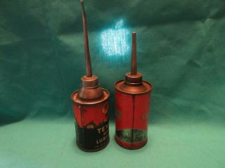 2 Vintage TEXACO Home Lubricant Advertising Handy Oiler Tin Can Oil Texas Old 3