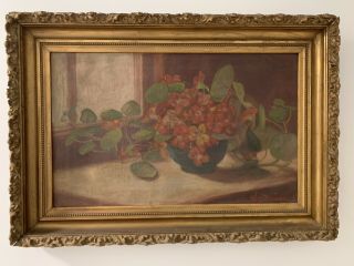 Antique Oil Painting On Canvas Still Life Early American Signed W.  S Barber