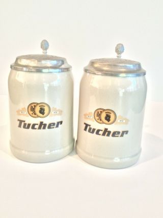 Nurnberg Freiherrl Tucher Braueri Stein Gerz Set Of 2 Lidded Beer Stein