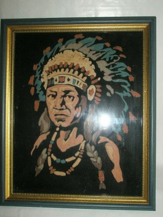 Vintage Black Velvet Painting Native American Indian Framed Art Paint By Number?