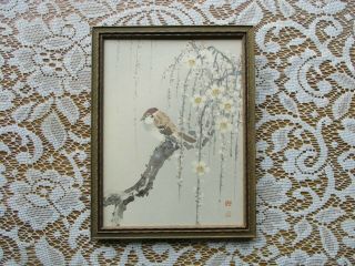 Antique Vintage Framed Japanese Watercolor Of Bird On Branch