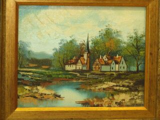Vintage Mid Century Dutch English German Village Church Houses Art Oil Painting