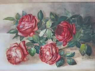 Jw Clarke Antique C.  1900s Signed Red Rose Still Life Watercolor Painting 11x16