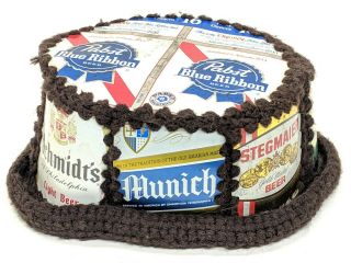 Vintage Dark Brown Crocheted Beer Can Fedora Hat Pabst Munich Schmidts Stegmaier