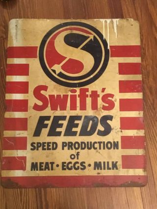 Rare Vintage Swift’s Feeds Metal Sign Old Feed Store 20” X 30”