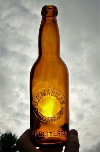 Rare J.  P.  Madigan Amber Pint Ladies Leg Blob Top Beer Bottle Cleveland,  Ohio